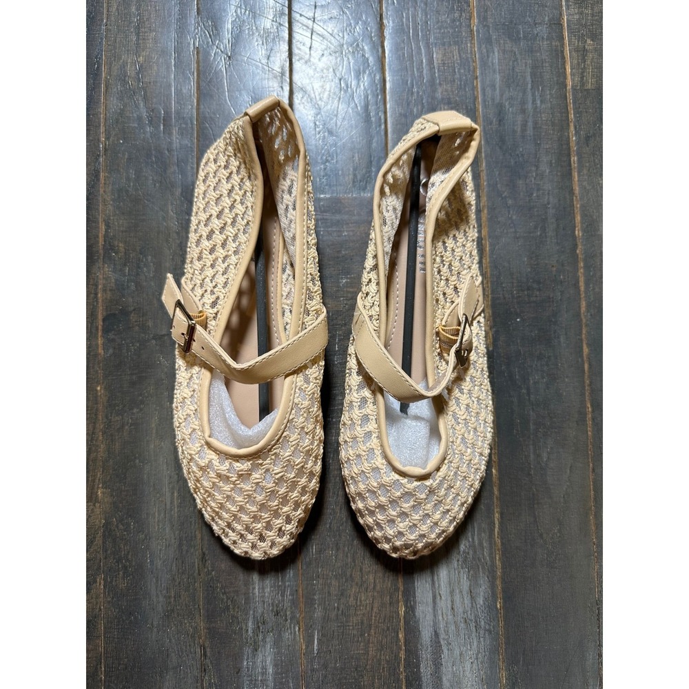 SHEIN Woven Mesh Mary Jane Ballet Flats Beige Wide Fit Crochet Buckle Strap